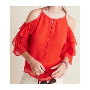 Maeve Anthropologie Sz XL Blouse Top Off the shoulder Ruffle Coral Red Boho Prep
